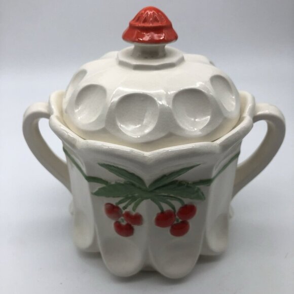 Vintage Westmoreland Hand Painted Cherry Thumbprint Panel Cookie Jar With Lid - Picture 2 of 13